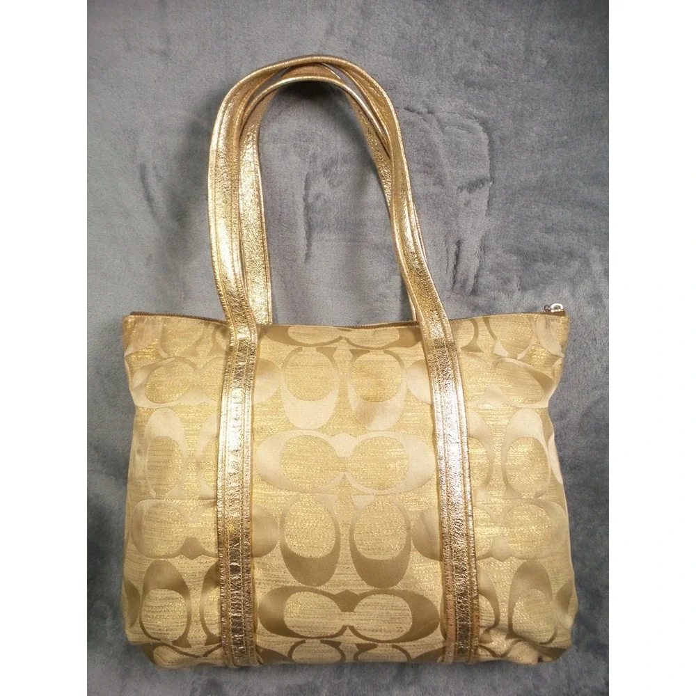Coach Poppy Op Art Glam Tote Bag Gold Brown Classic Signature Canvas C